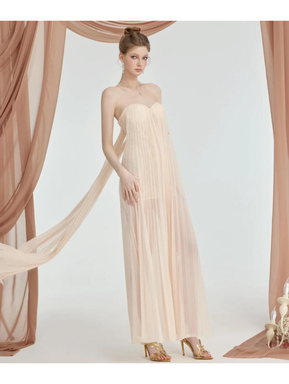 Sheer Luck Thea Greek Goddess Sheath Mesh Backless Sweetheart Maxi Dress Cream M